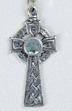 Sterling Silver Detailed Celtic Cross Pendant With Blue Topaz